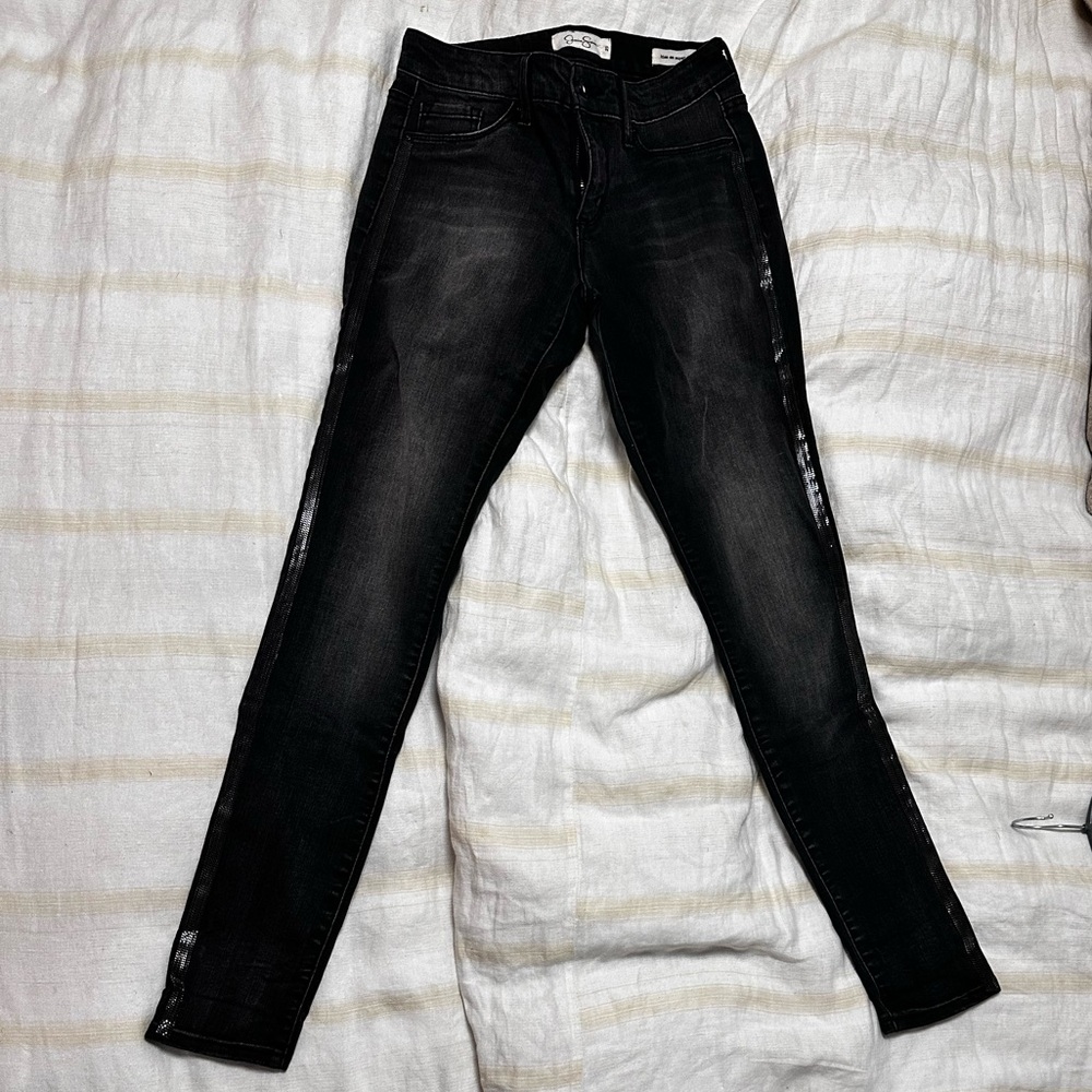 Jessica Simpson Charcoal Denim Skinny Jeans w/ Stud Side Panels • Size 25